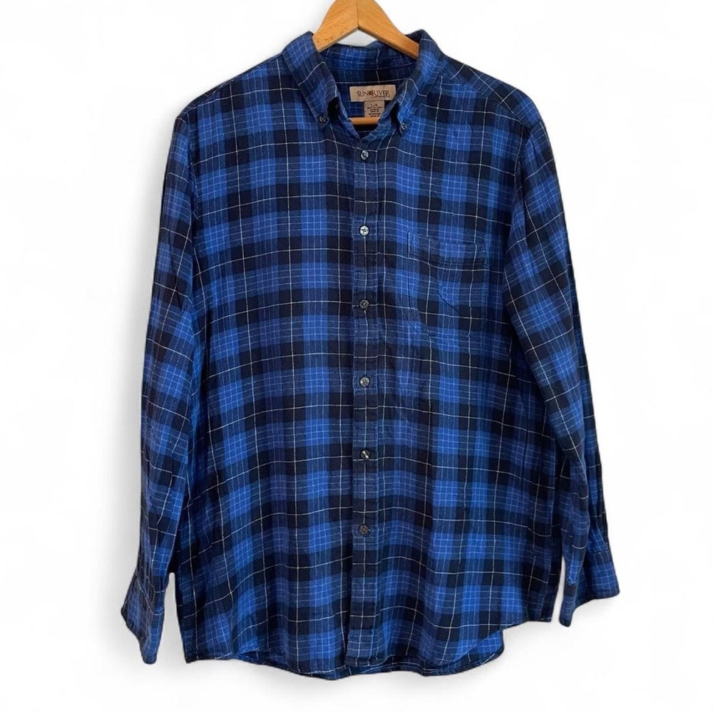 Sun River Clothing Men's L 100% Cotton Flannel Blue Plaid Button Up Shirt